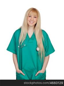 Young nurse with long hair isolated on a over white background