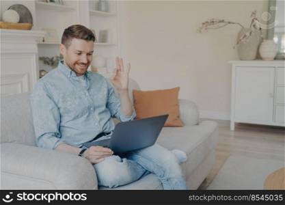 Young office male worker working remotely from home, showing ok gesture to his boss in online meeting while sitting on comfortable couch in modern living room with crossed leg. Young office male worker showing okay gesture while in online meeting at home