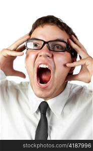 young office worker in glasses mad by stress screaming isolated on white