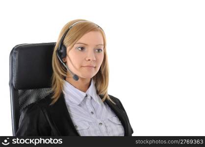Young office worker with headset. Isolated on white background