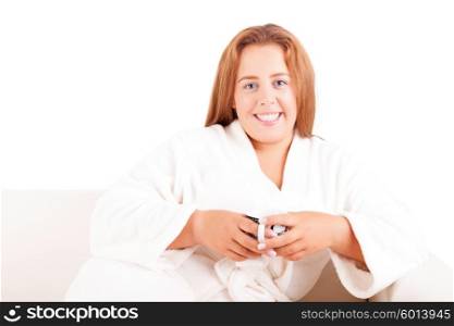 Young overweighted woman relaxing at home