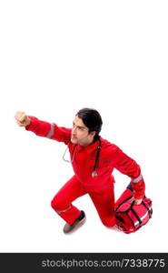 Young paramedic in red uniform isolated on white 