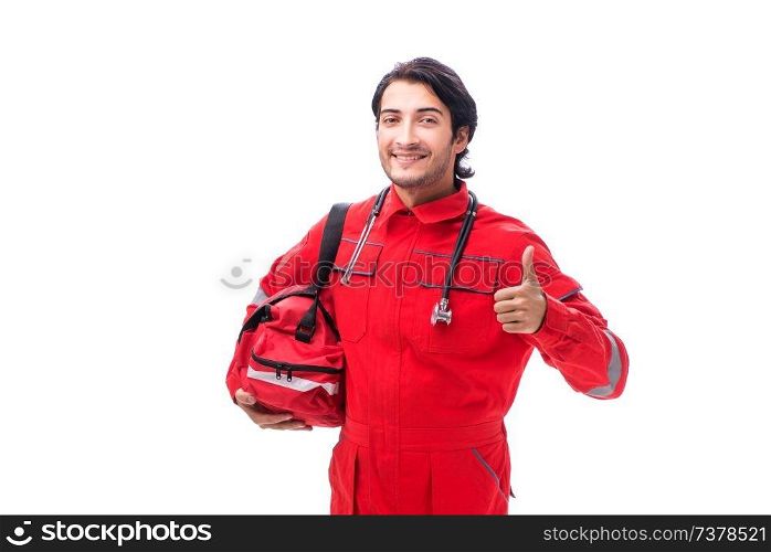 Young paramedic in red uniform isolated on white 