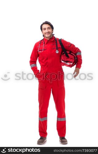 Young paramedic in red uniform isolated on white