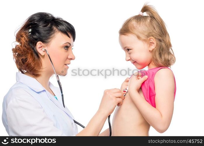 Young pediatrician listens preschooler girl isolated on white background
