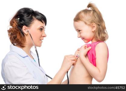 Young pediatrician listens preschooler girl isolated on white background