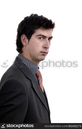 young pensive man portrait in white background