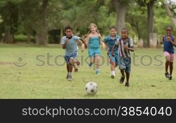 Young people and sport, group of male and female friends playing soccer in park. Slow motion