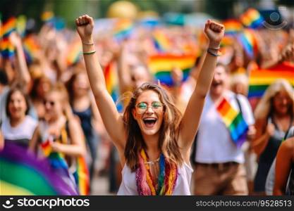 Young people celebrating pride lgbtq created with generative AI technology