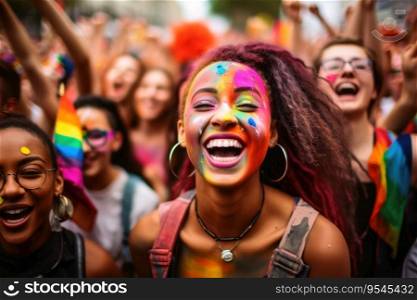 Young people celebrating pride lgbtq created with generative AI technology
