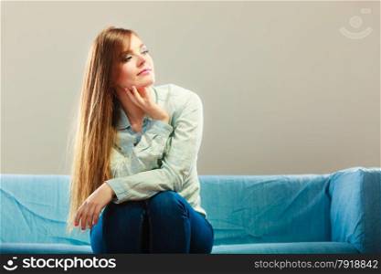 Young people concept. Fashionable pensive girl long hair portrait
