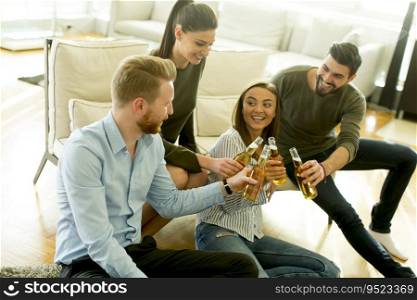Young people drinking cider and have fun in the room