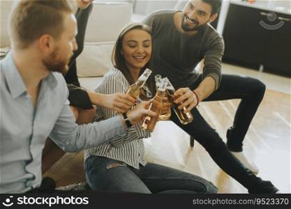 Young people drinking cider and have fun in the room