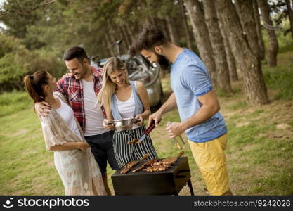 Young people enjoying barbecue party in the nature