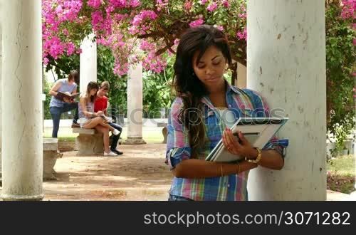 Young people, female college student holding books and tablet computer, education, young woman at school. Portrait of beautiful happy black girl smiling at camera at university gardens