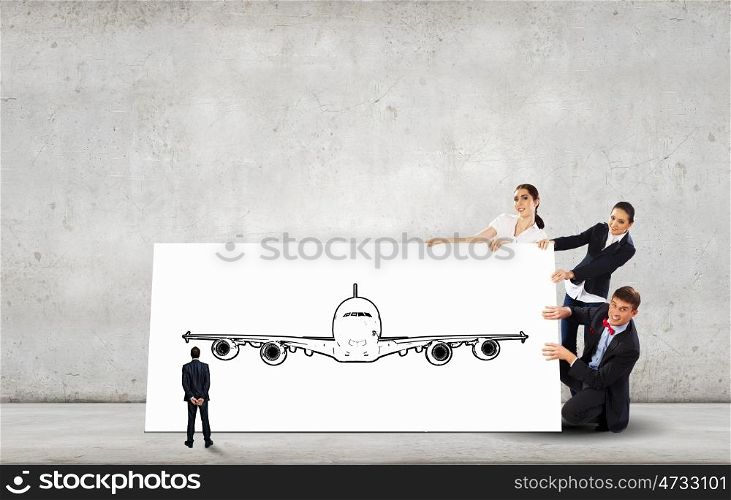 Young people holding white banner with airplane illustration. Airplane team