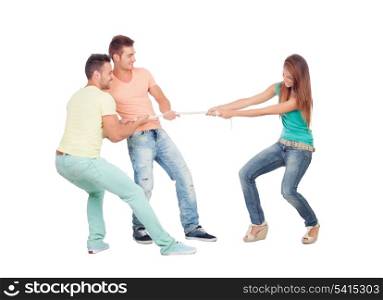 Young people pulling a rope isolated on a white background