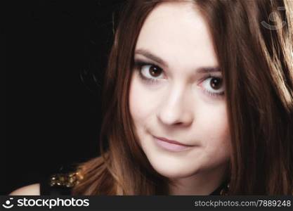 Young people teenage concept - beauty pensive serious woman teenager girl portrait on black