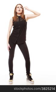 Young people teenage concept - Full length stylish young model teenager girl in casual style clothes making silly face