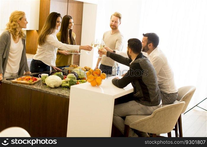 Young people toasting white wine in modern kitchen