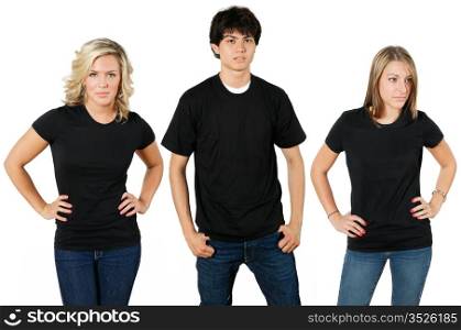 Young people wearing blank black shirts, ready for your design or logo.