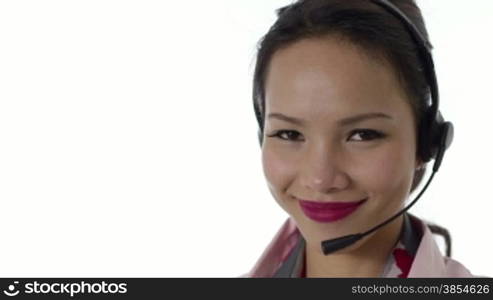 Young people, work and technology, portrait of happy Asian girl working as call center operator with headset, customer care representative, smiling at camera. 12of16