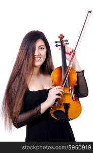 Young performer with violin on white