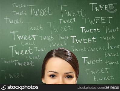 Young person with social media words on the background