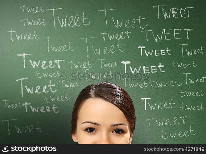 Young person with social media words on the background