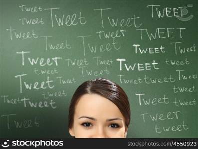 Young person with social media words on the background