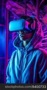 Young Person with VR Goggles in Blue, Cyan, and Purple Neon Colors. Generative ai. High quality illustration. Young Person with VR Goggles in Blue, Cyan, and Purple Neon Colors. Generative ai