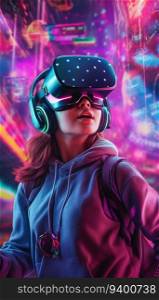 Young Person with VR Goggles in Blue, Cyan, and Purple Neon Colors. Generative ai. High quality illustration. Young Person with VR Goggles in Blue, Cyan, and Purple Neon Colors. Generative ai