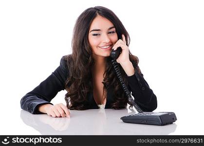 Young phone operator on white