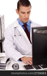 young physician working on his office over a white background.