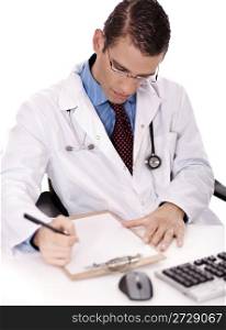 Young physician write down notes in white background