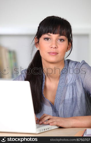 Young poised woman sitting at a laptop computer