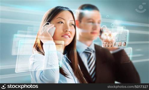 Young positive business man touching virtual button. Editable image