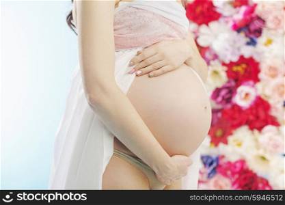 Young pregnant mother touching her belly