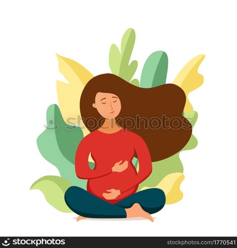 Young pregnant woman practicing yoga cartoon style illustration. Design concept template for maternity, medical clinics, fitness, pregnancy courses, posters. Young pregnant woman practicing yoga cartoon style vector illustration.