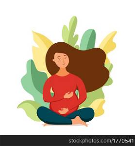 Young pregnant woman practicing yoga cartoon style illustration. Design concept template for maternity, medical clinics, fitness, pregnancy courses, posters. Young pregnant woman practicing yoga cartoon style vector illustration.