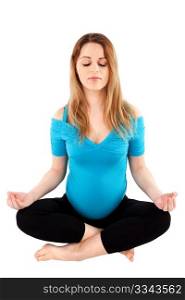 Young pregnant woman practicing yoga meditation exercise, isolated over white background.