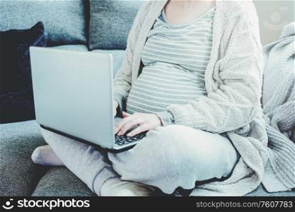 Young pregnant woman working at home with her laptop