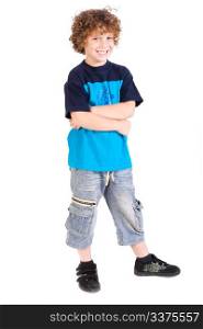 Young preschool boy posing with arms crossed isolated on white background...