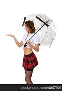 Young prestty woman dressed in retro style with umbrella