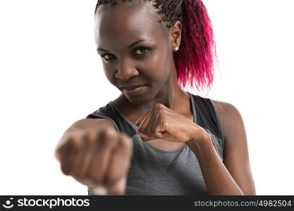 Young pretty african woman boxing isolated on white background