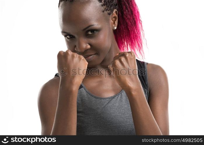 Young pretty african woman boxing isolated on white background