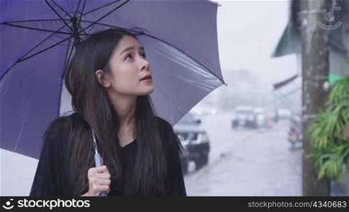 young pretty asian Woman holding blue umbrella walking along the street side path, on the hard raining day, car parked on the roadside, pouring rain, stormy weather, struggling of transportation