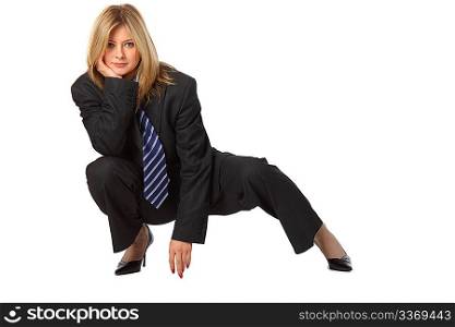 Young pretty businesswoman in big suit squats