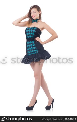 Young pretty dancing woman isolated on white