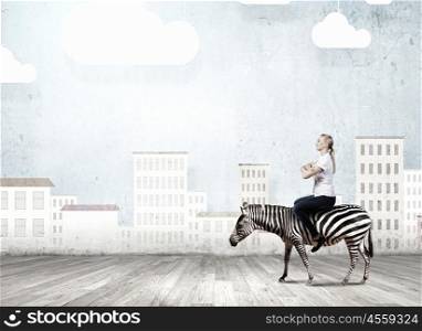 Young pretty fearless woman riding zebra animal. Woman ride zebra